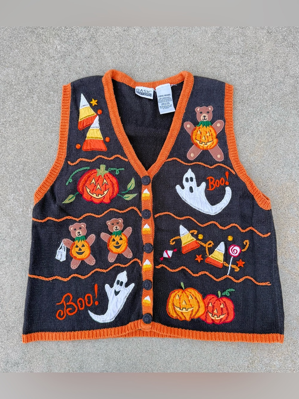 Vintage 90s Basic Editions Halloween Teddy Bear Candy Corn Sweater Vest Womens L